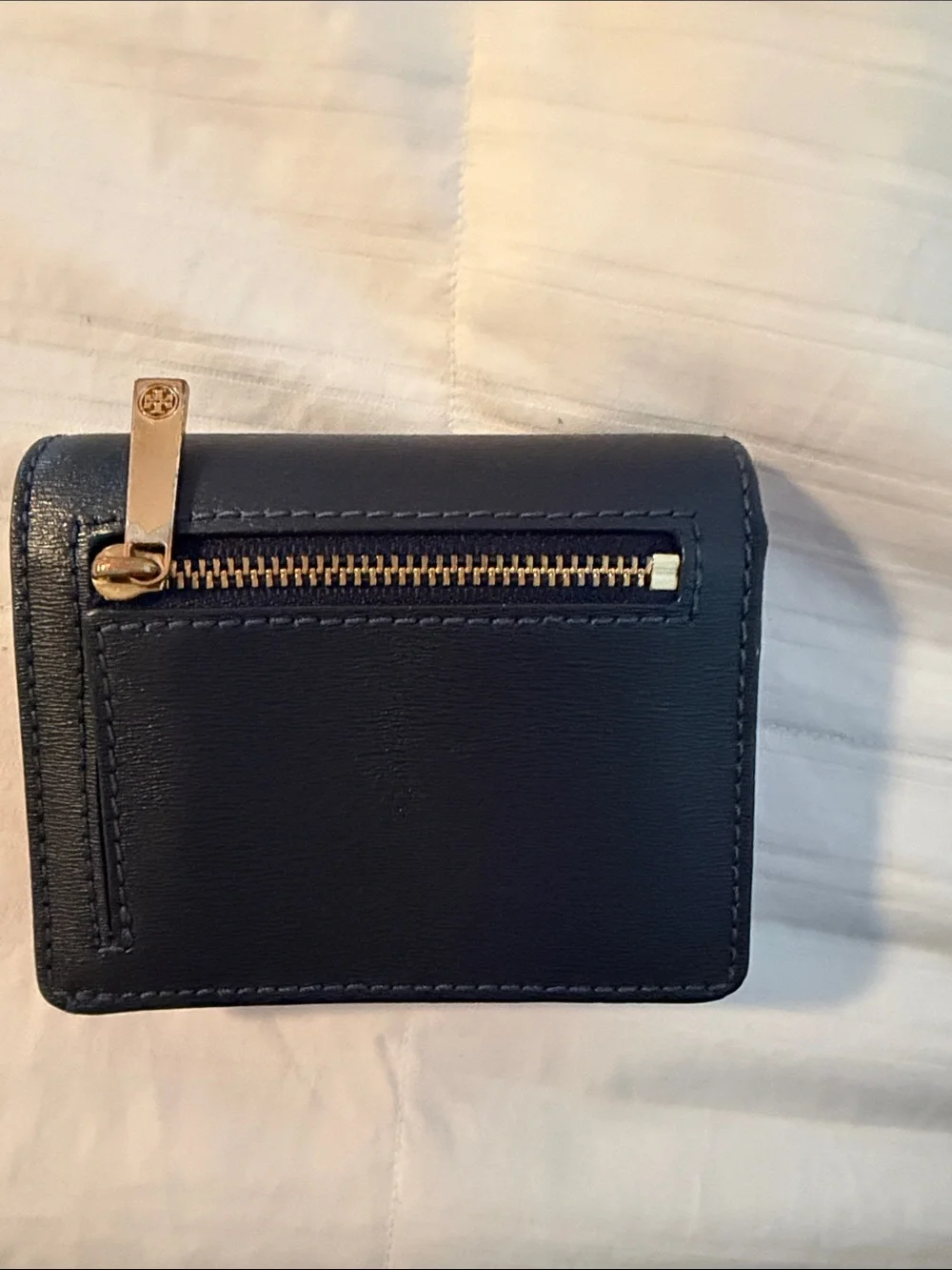 Tory Burch Navy Leather Fold Wallet with Gold Logo